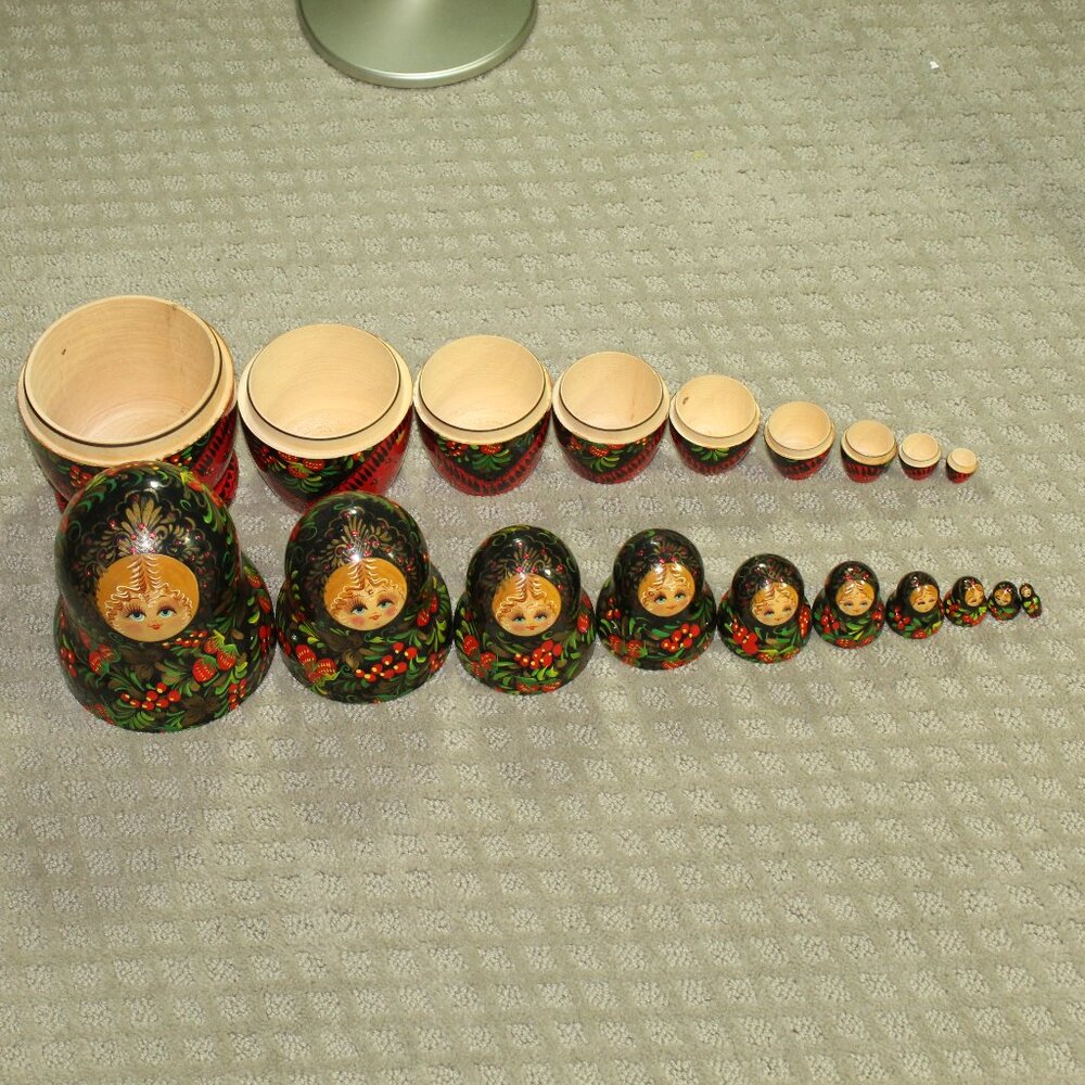 Set of 10 Vintage Y2K 9" Hand Painted Wooden Matryoshka Russian Nesting Dolls